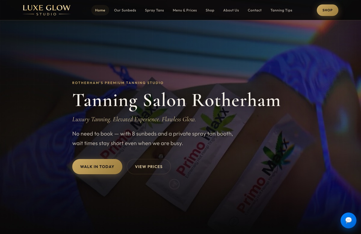Luxe Glow tanning salon website homepage
